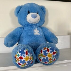 Blue Plush Teddy Bear with Puzzle Pattern